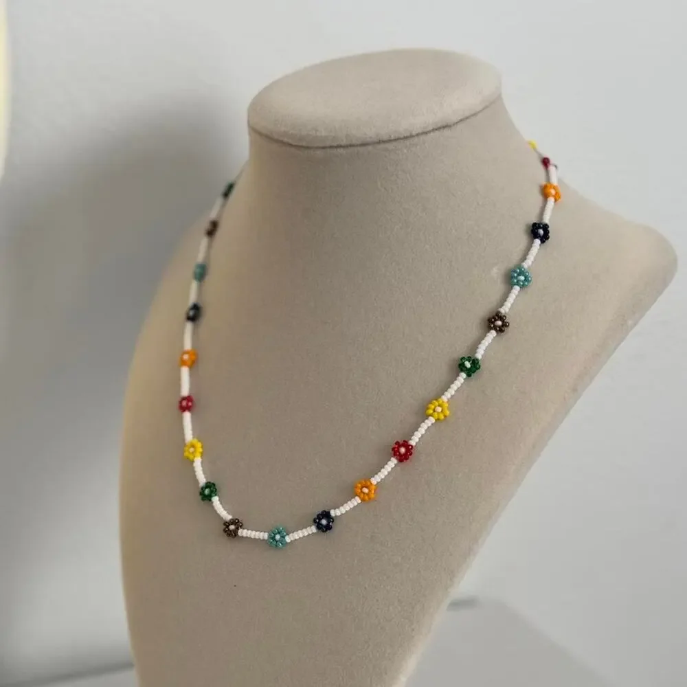 Handmade Beaded Necklace Colorful Flower Beads Floral Jewelry Unique Gift - Picture 4 of 4